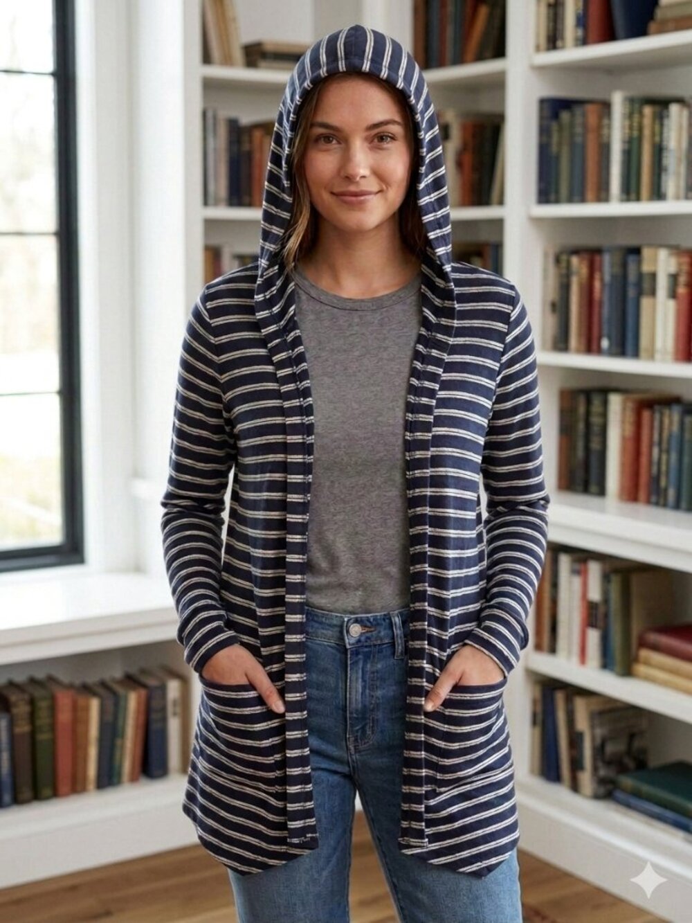 TRIBAL JEANS Navy Horizontal Striped Hooded Open Draped Cardigan Size SP EUC